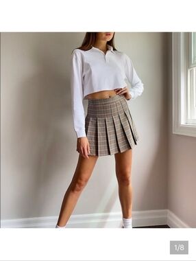 Sunday Best Neutral Plaid Pleated 'Olive' 15" Mini Skirt Sz 6  LIKE NEW